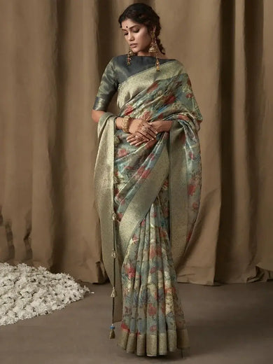 Precious Dusty Blue Floral Printed Jacquard Reception Wear Saree